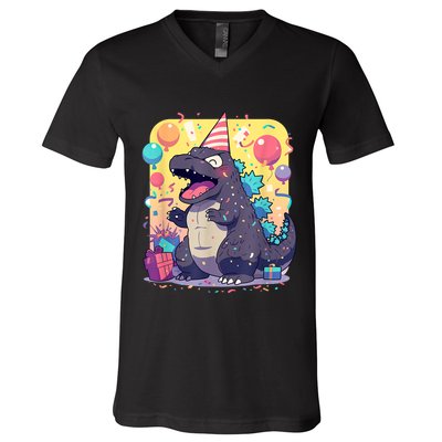 Cute Happy Birthday Japanese Kaiju Monster Epic Party V-Neck T-Shirt