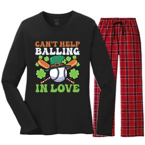 CanT Help Balling In Love Design St Patricks Baseball Gift Women's Long Sleeve Flannel Pajama Set 