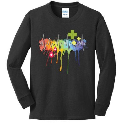 Colorful Heartbeat Blood Phlebotomy Blood Donor Kids Long Sleeve Shirt