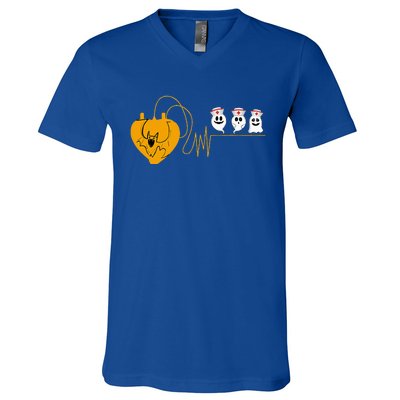 Cute Halloween Bat Heartbeat Ghost Nurse Team Costume V-Neck T-Shirt