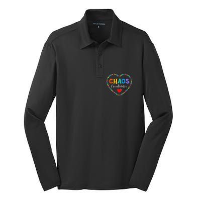 Cute Heart Chaos Coordinator Funny First Day of School Silk Touch Performance Long Sleeve Polo