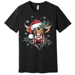 Christmas Highland Cow Buffalo Plaid Cute Moo Cow Xmas Premium T-Shirt