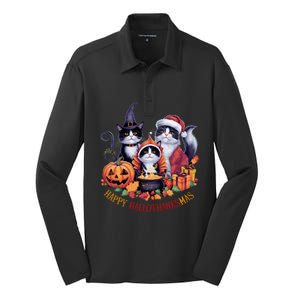 Cat Halloween Christmas Happy Hallothanksmas Thanksgiving Gift Silk Touch Performance Long Sleeve Polo