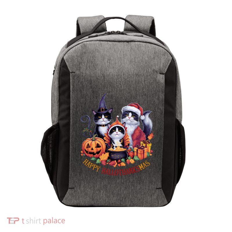 Cat Halloween Christmas Happy Hallothanksmas Thanksgiving Gift Vector Backpack