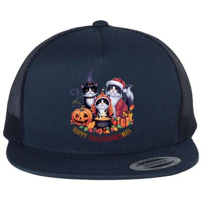 Cat Halloween Christmas Happy Hallothanksmas Thanksgiving Gift Flat Bill Trucker Hat