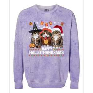 Cat Halloween Christmas Happy Hallothanksmas Thanksgiving Gift Colorblast Crewneck Sweatshirt