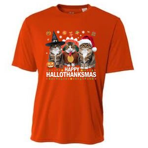 Cat Halloween Christmas Happy Hallothanksmas Thanksgiving Gift Cooling Performance Crew T-Shirt