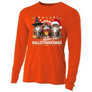 Cat Halloween Christmas Happy Hallothanksmas Thanksgiving Gift Cooling Performance Long Sleeve Crew