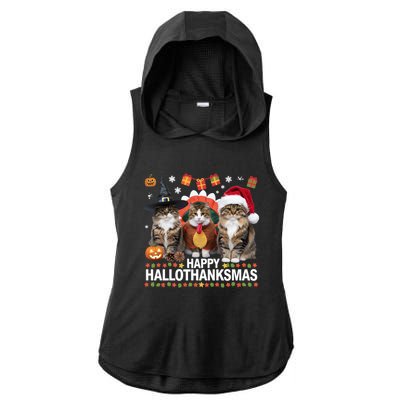 Cat Halloween Christmas Happy Hallothanksmas Thanksgiving Gift Ladies PosiCharge Tri-Blend Wicking Draft Hoodie Tank