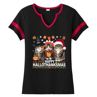 Cat Halloween Christmas Happy Hallothanksmas Thanksgiving Gift Ladies Halftime Notch Neck Tee