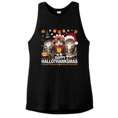 Cat Halloween Christmas Happy Hallothanksmas Thanksgiving Gift Ladies PosiCharge Tri-Blend Wicking Tank