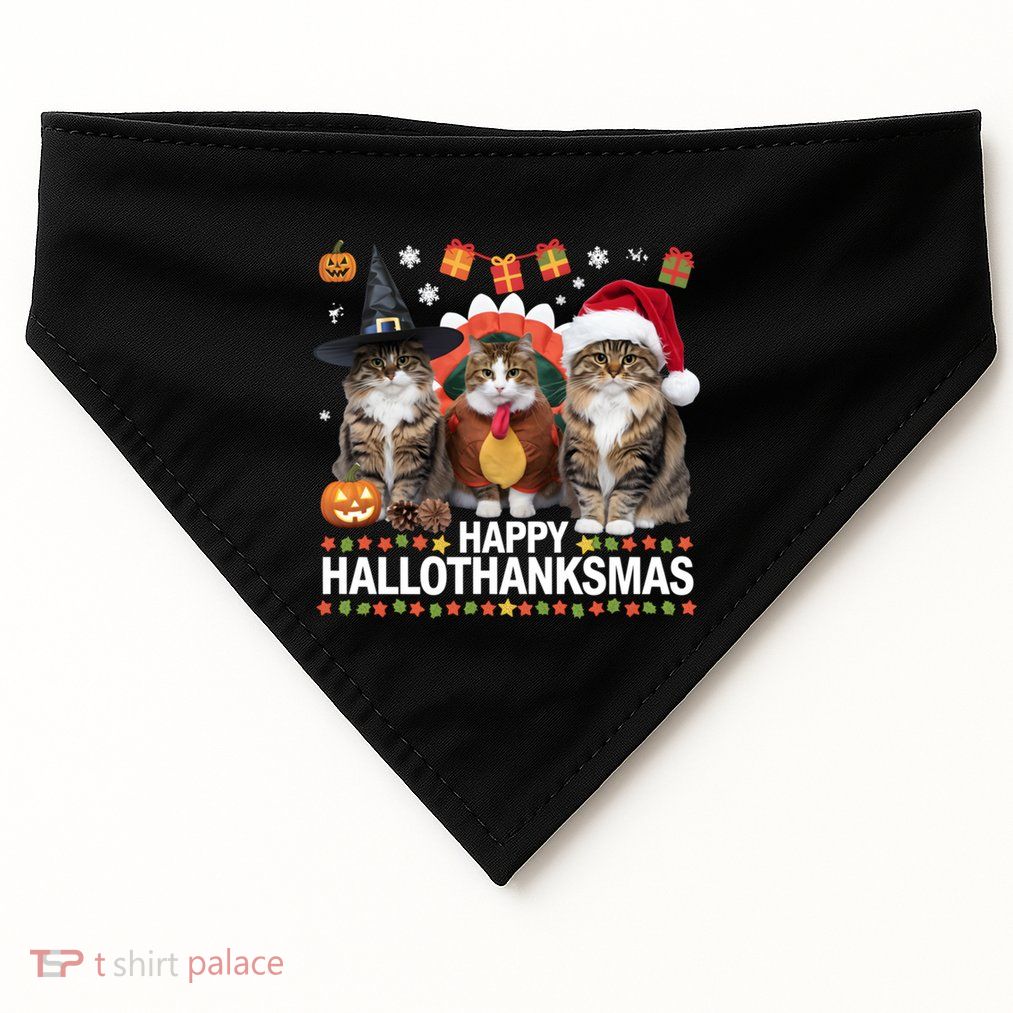Cat Halloween Christmas Happy Hallothanksmas Thanksgiving Gift USA-Made Doggie Bandana