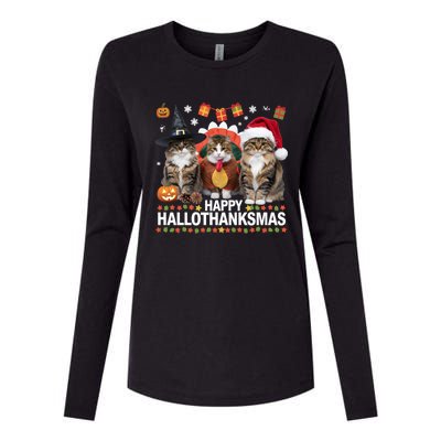 Cat Halloween Christmas Happy Hallothanksmas Thanksgiving Gift Womens Cotton Relaxed Long Sleeve T-Shirt