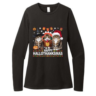 Cat Halloween Christmas Happy Hallothanksmas Thanksgiving Gift Womens CVC Long Sleeve Shirt