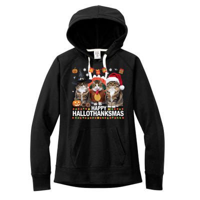 Cat Halloween Christmas Happy Hallothanksmas Thanksgiving Gift Women's Fleece Hoodie