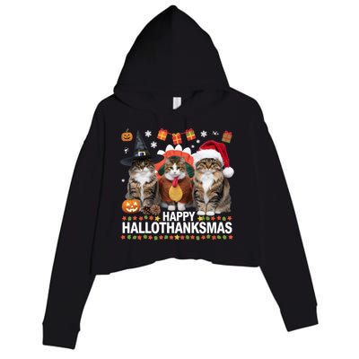 Cat Halloween Christmas Happy Hallothanksmas Thanksgiving Gift Crop Fleece Hoodie