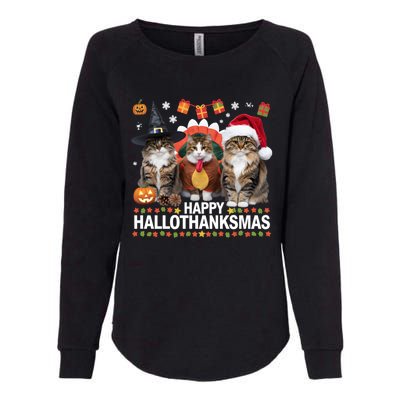 Cat Halloween Christmas Happy Hallothanksmas Thanksgiving Gift Womens California Wash Sweatshirt