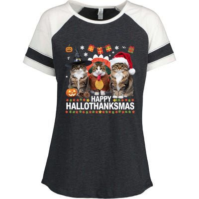 Cat Halloween Christmas Happy Hallothanksmas Thanksgiving Gift Enza Ladies Jersey Colorblock Tee