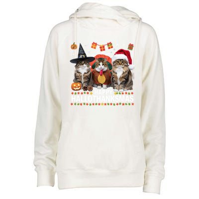 Cat Halloween Christmas Happy Hallothanksmas Thanksgiving Gift Womens Funnel Neck Pullover Hood