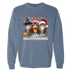 Cat Halloween Christmas Happy Hallothanksmas Thanksgiving Gift Garment-Dyed Sweatshirt