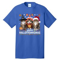 Cat Halloween Christmas Happy Hallothanksmas Thanksgiving Gift Tall T-Shirt