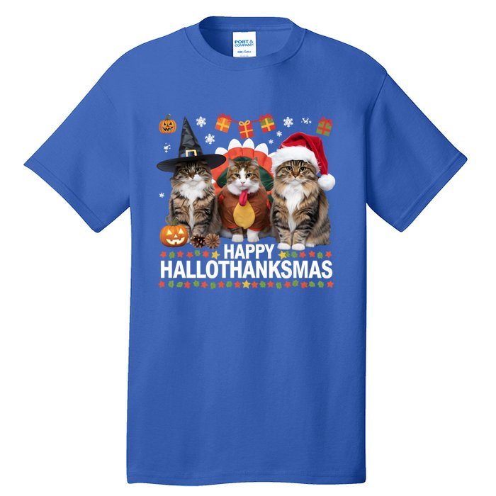 Cat Halloween Christmas Happy Hallothanksmas Thanksgiving Gift Tall T-Shirt