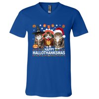 Cat Halloween Christmas Happy Hallothanksmas Thanksgiving Gift V-Neck T-Shirt