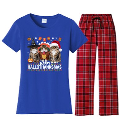 Cat Halloween Christmas Happy Hallothanksmas Thanksgiving Gift Women's Flannel Pajama Set