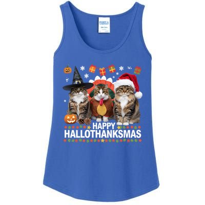 Cat Halloween Christmas Happy Hallothanksmas Thanksgiving Gift Ladies Essential Tank