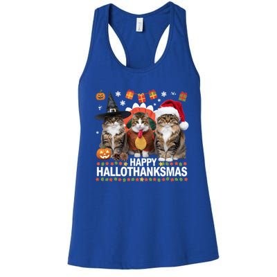 Cat Halloween Christmas Happy Hallothanksmas Thanksgiving Gift Women's Racerback Tank