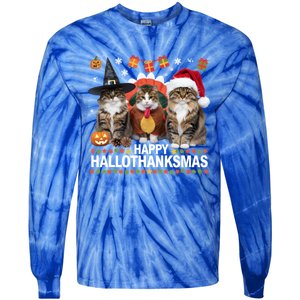 Cat Halloween Christmas Happy Hallothanksmas Thanksgiving Gift Tie-Dye Long Sleeve Shirt