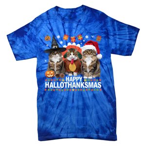 Cat Halloween Christmas Happy Hallothanksmas Thanksgiving Gift Tie-Dye T-Shirt