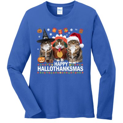 Cat Halloween Christmas Happy Hallothanksmas Thanksgiving Gift Ladies Long Sleeve Shirt