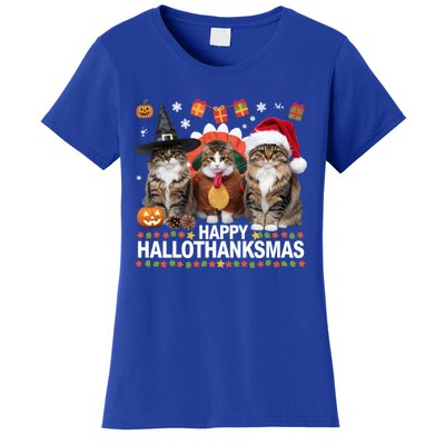 Cat Halloween Christmas Happy Hallothanksmas Thanksgiving Gift Women's T-Shirt