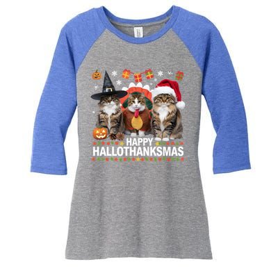 Cat Halloween Christmas Happy Hallothanksmas Thanksgiving Gift Women's Tri-Blend 3/4-Sleeve Raglan Shirt