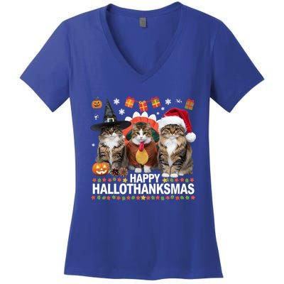 Cat Halloween Christmas Happy Hallothanksmas Thanksgiving Gift Women's V-Neck T-Shirt