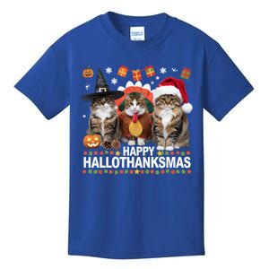 Cat Halloween Christmas Happy Hallothanksmas Thanksgiving Gift Kids T-Shirt