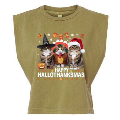 Cat Halloween Christmas Happy Hallothanksmas Thanksgiving Gift Garment-Dyed Women's Muscle Tee