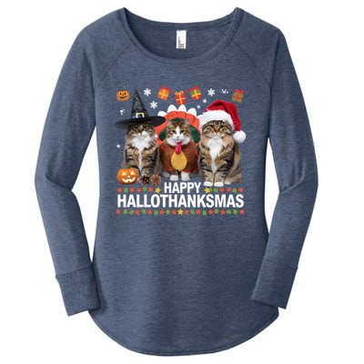 Cat Halloween Christmas Happy Hallothanksmas Thanksgiving Gift Women's Perfect Tri Tunic Long Sleeve Shirt