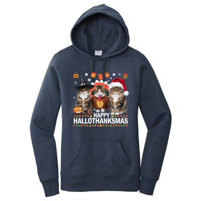 Cat Halloween Christmas Happy Hallothanksmas Thanksgiving Gift Women's Pullover Hoodie