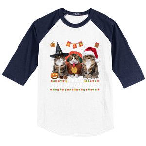 Cat Halloween Christmas Happy Hallothanksmas Thanksgiving Gift Baseball Sleeve Shirt