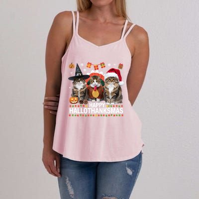 Cat Halloween Christmas Happy Hallothanksmas Thanksgiving Gift Women's Strappy Tank