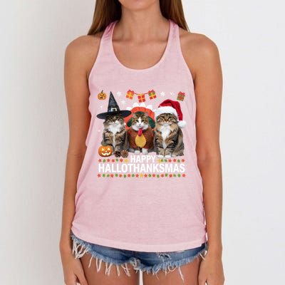 Cat Halloween Christmas Happy Hallothanksmas Thanksgiving Gift Women's Knotted Racerback Tank