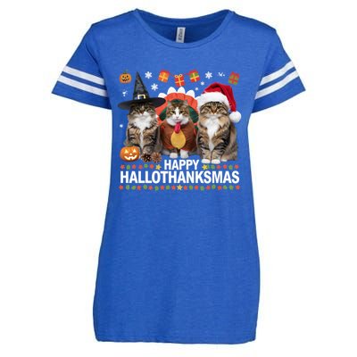 Cat Halloween Christmas Happy Hallothanksmas Thanksgiving Gift Enza Ladies Jersey Football T-Shirt