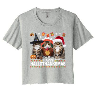 Cat Halloween Christmas Happy Hallothanksmas Thanksgiving Gift Women's Crop Top Tee