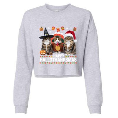 Cat Halloween Christmas Happy Hallothanksmas Thanksgiving Gift Cropped Pullover Crew