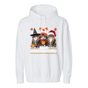 Cat Halloween Christmas Happy Hallothanksmas Thanksgiving Gift Garment-Dyed Fleece Hoodie