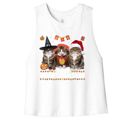 Cat Halloween Christmas Happy Hallothanksmas Thanksgiving Gift Women's Racerback Cropped Tank