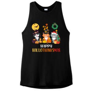 Cat Halloween Christmas Happy Hallothanksmas Thanksgiving Gift Ladies PosiCharge Tri-Blend Wicking Tank