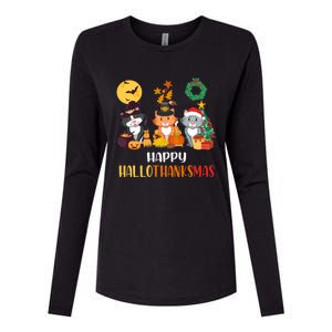 Cat Halloween Christmas Happy Hallothanksmas Thanksgiving Gift Womens Cotton Relaxed Long Sleeve T-Shirt